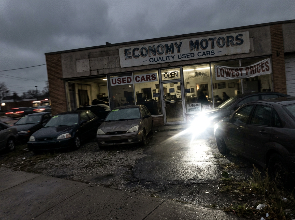 Blurry amateur photo of a car dealership storefront before enhancement