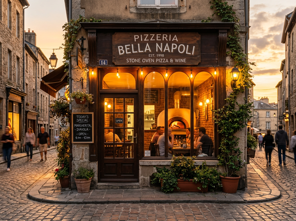 Bright professionally lit pizzeria storefront photo after enhancement
