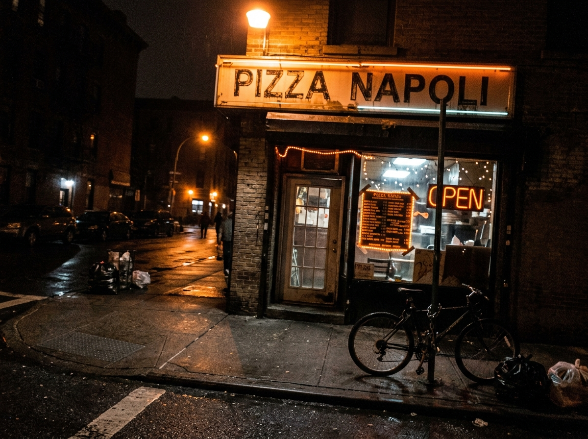 Dark blurry pizzeria storefront photo before enhancement